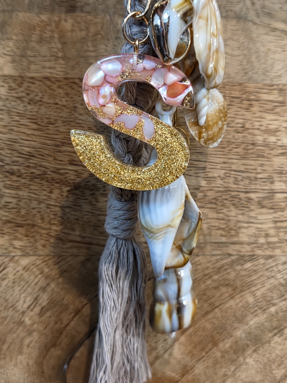 Beach & Seashell MacrameTassel Keychain with Pink & Gold Initial "S"
